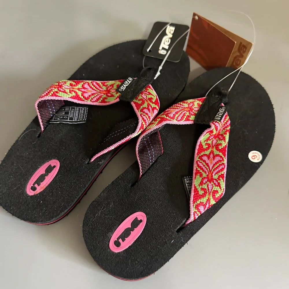 Teva Youth 1 Olowahu Flip Flop Sandals Mush Sole Pink Green Geometric Straps NEW